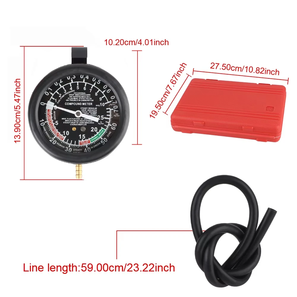 Car Manometer Vacuum Pressure Tester Cylinder Tester with 3PCS Adapter for Motorcycle Cylinder Fuel Exhaust System Oxygen Sensor