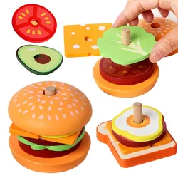 Wooden Burger Sandwich Stacking Toys Montessori Educational Toy Pretend Play Food Puzzle Toys For Kids Develop Fine Motor Skill