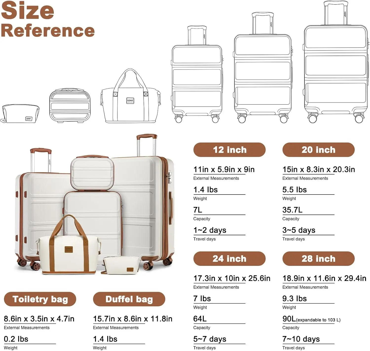 Kono Valise Set Bagage rigide à main avec roulettes TSA Lock Spinner (blanc crème, ensemble de 6 pièces)