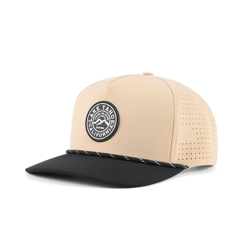 

Custom Waterproof 5 panel Quick Dry Hydro Hat Sports Rope Baseball Cap Men Fashion PVC Logo Laser Cut Hole Perforated Dad Hat