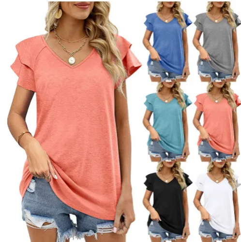 

2026women's Spring and Summer New Fashion Solid Color V-neck Comfortable Double-layer Lotus Leaf Short-sleeved T-shirt for Women