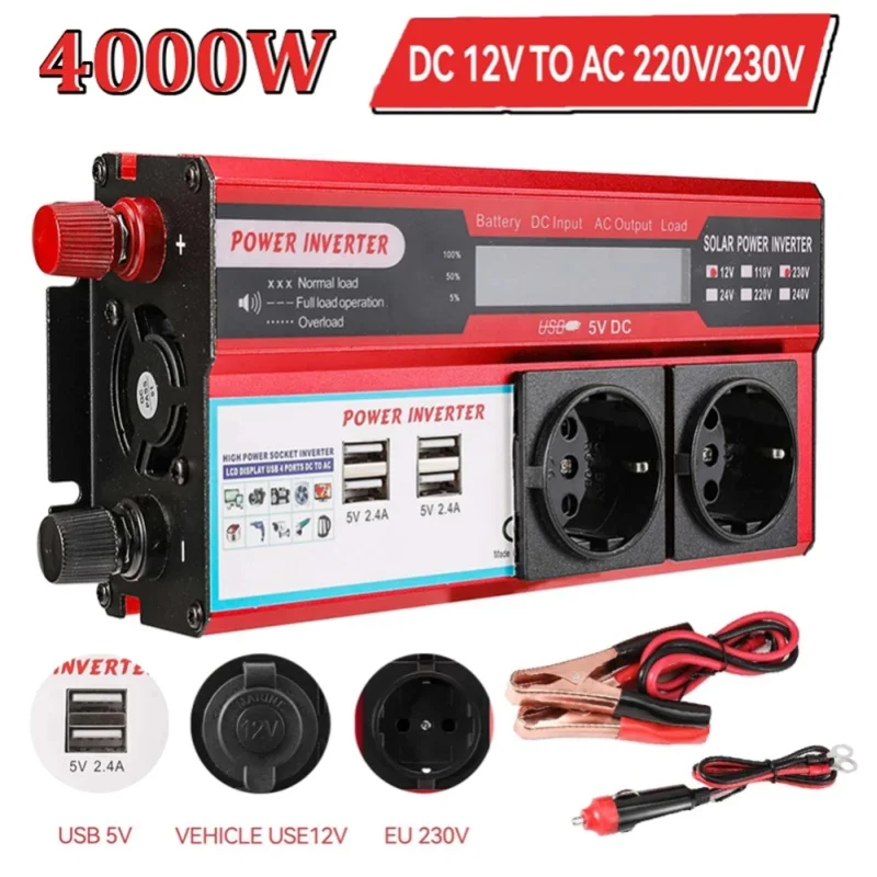 Inwerter mocy 4000W DC 12V na AC 220V 230V z 4 portami USB, gniazdem ładowania EU i wyświetlaczem LED — 2
