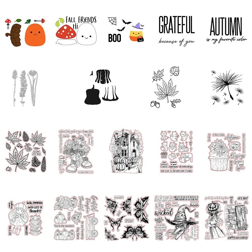 Metall-Stanzformen mit kräftigen Wörtern, Kürbis-Herbstblätter, Happy Halloween Wünsche, klare Stempel für DIY Thanksgiving Day, Papierkarte 2025,