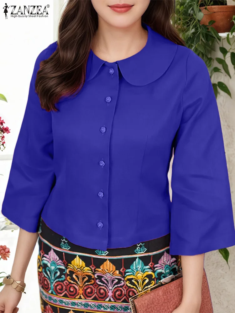 

ZANZEA 2025 Autumn 3/4 Sleeve Shirts Women Solid Color Tops Casual Office Work Blusas Fashion Buttons Turn-Down Collar Tunic