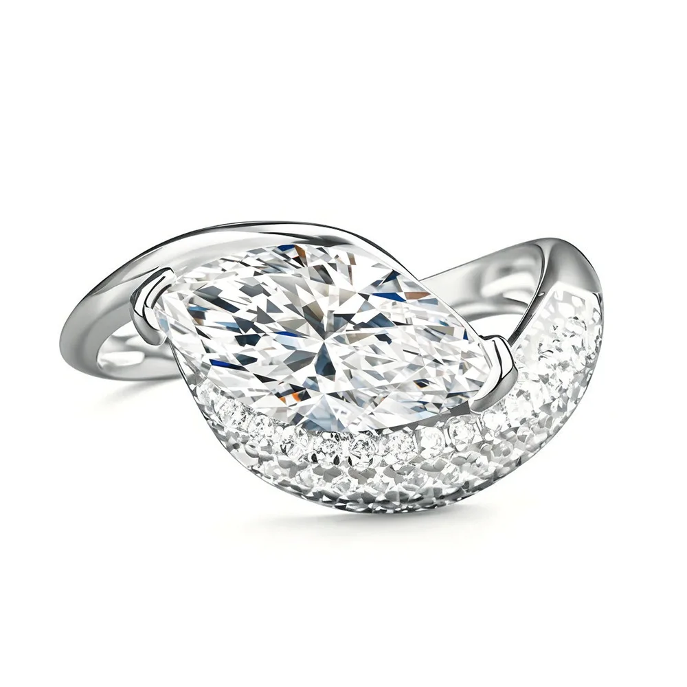

2CT Marquise Cut Moissanite Engagement Rings Gold Plated 925 Sterling Silver Pave Band Women's Wedding Promise Ring Fine Jewelry