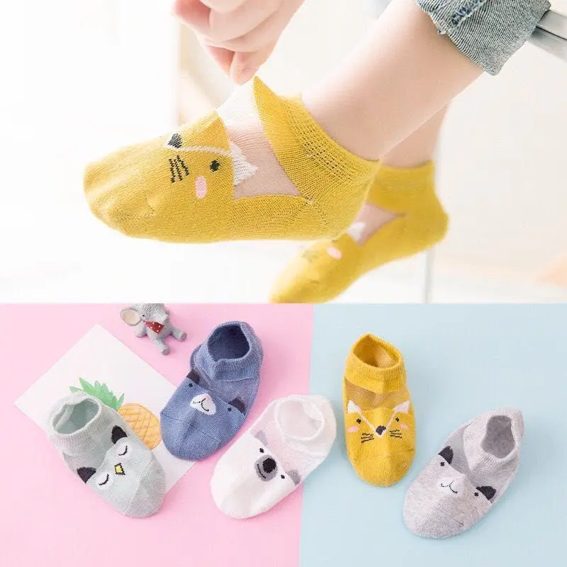 5 Pairs/Set Summer Thin Children's Socks Cartoon Animal Cotton Short Socks For Boys and Girls Kids Breathable Mesh Socks 1-8Yrs