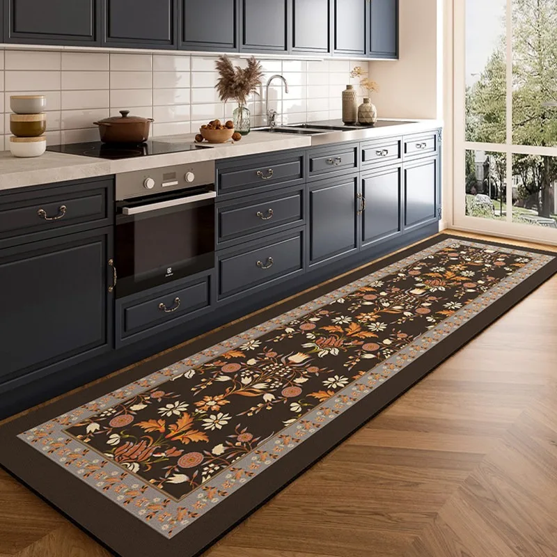 Retro High-end Floral Pattern Rugs for Kitchen PVC Leather Floor Mat Home Decor Waterproof Oil-proof Stain-resistant Foot Mat 러그