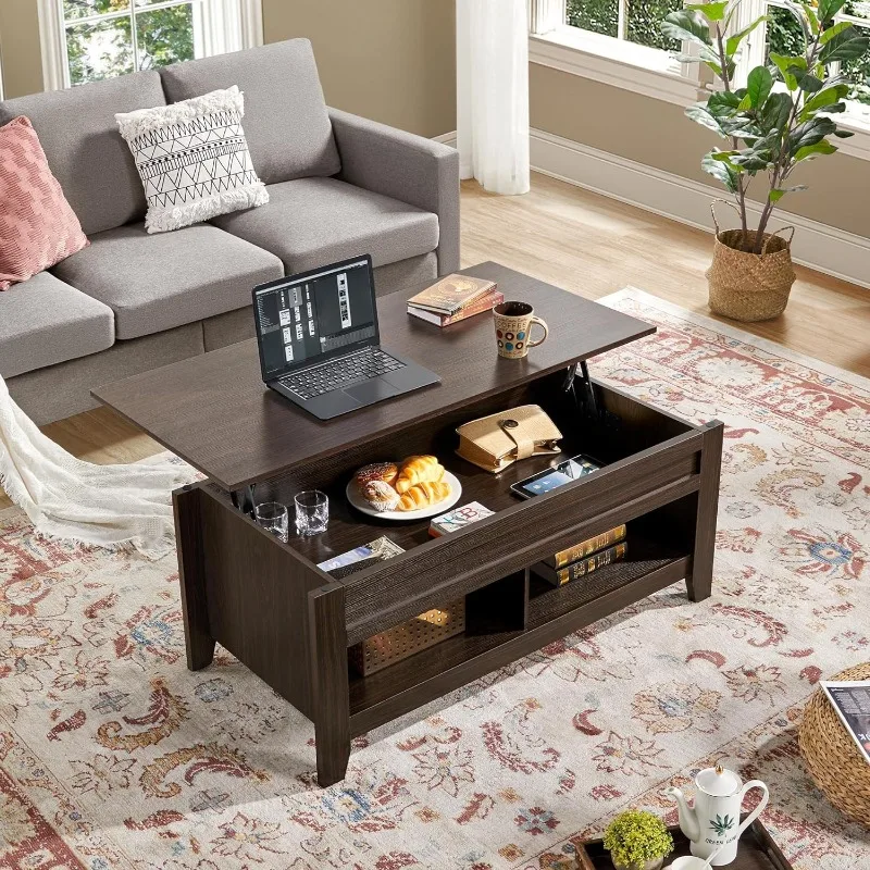 Lift Top Coffee Table with Hidden Storage Compartment & 2 Open Shelves, Rising Tabletop Up Center Table for Living Room