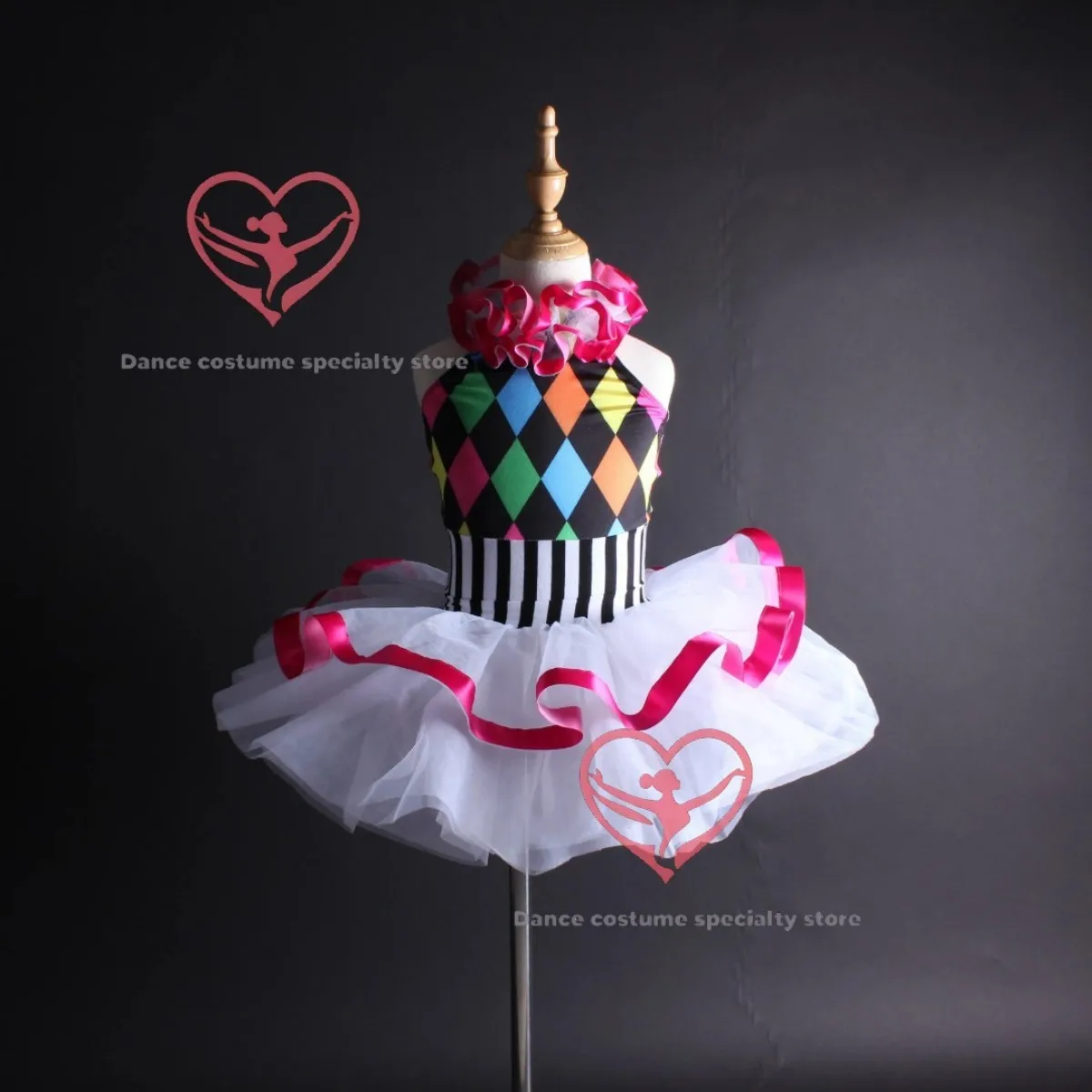 Kids' Clown Theme Dance Costume (Colorful Diamond Pattern + Tutu Skirt)