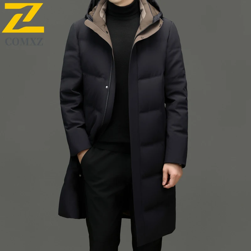COMXZ Winter Thickened Down Coat 2025 New Men Long Hooded Business Casual White Duck Down Thermal Outerwear Windproof Parka