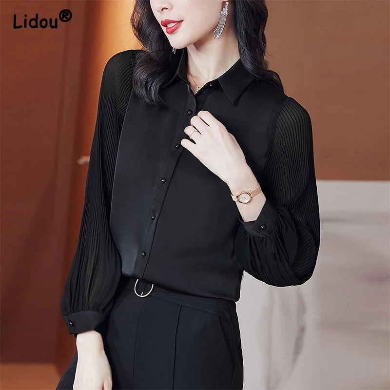 

Chiffon Black White Tops All-match Turn-down Collar Lantern Sleeve T-shirt Casual Button Loose Spring Autumn Women's Clothing