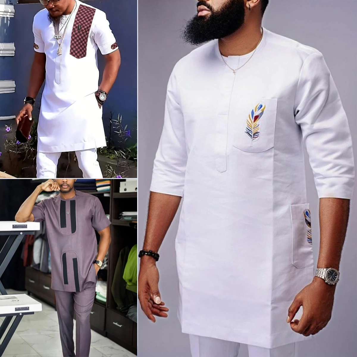 Novo Conjunto de 2 Peças Tradicional Africano com Gola O, Traje Muçulmano Dashiki para Homens, Roupa de Marca de Luxo, Conjunto Completo de Calças para Vestir Kaftan