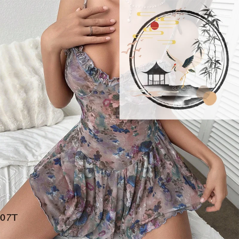 

New Lingerie Casual Women's Mesh Floral Camisole Dress Nightgown Romantic Set