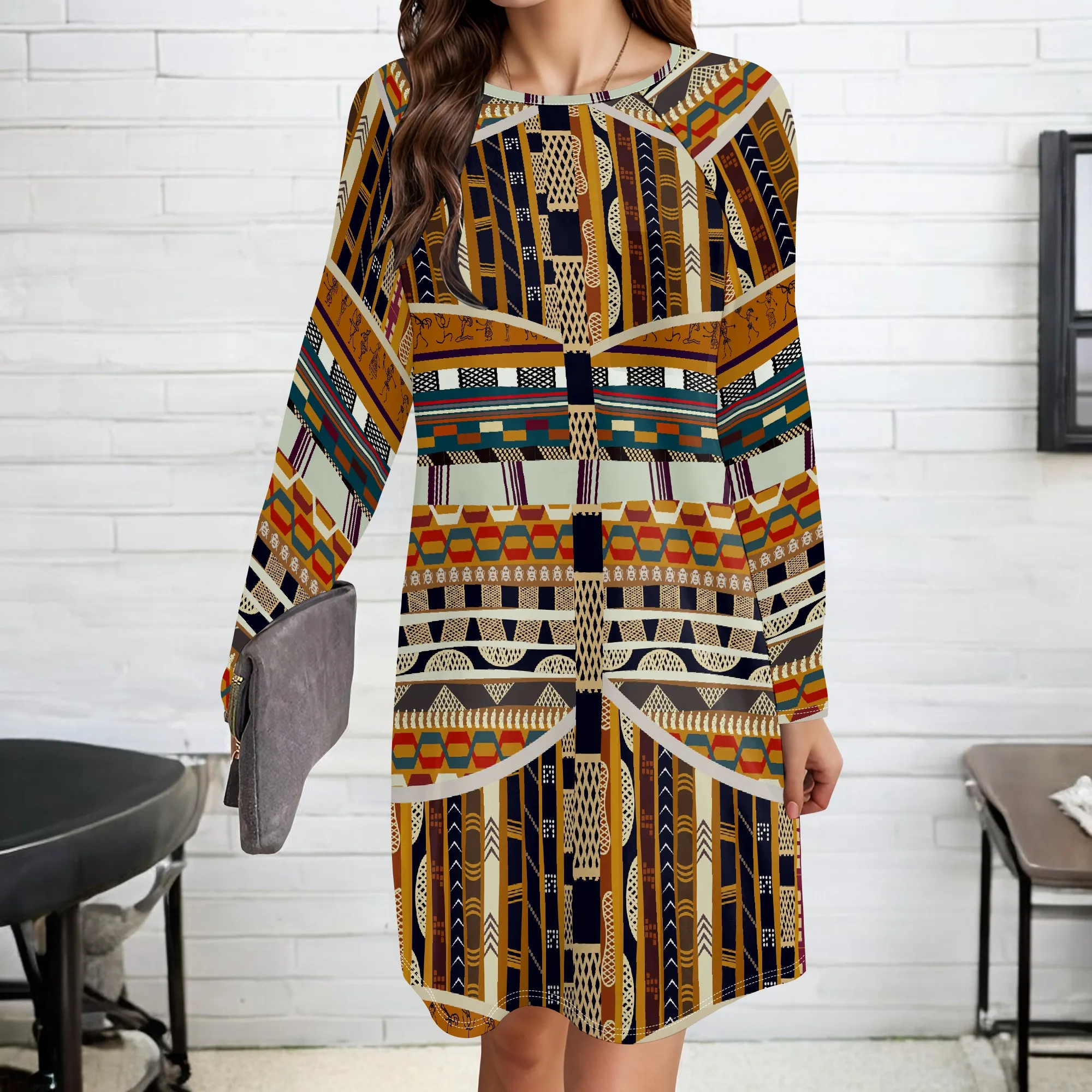

Women's Summer Autumn 3D Fashion Printed Retro Long Sleeve Round Neck Dress