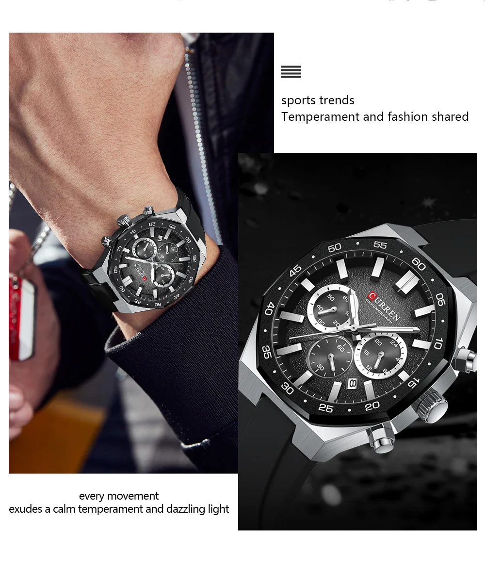 CURREN Herren Sport-Chronograph-Uhr mit Silikonarmband, Multifunktionszifferblatt mit Datum, Leuchtzeigern, Casual Quarz-Armbanduhr – Detail 2