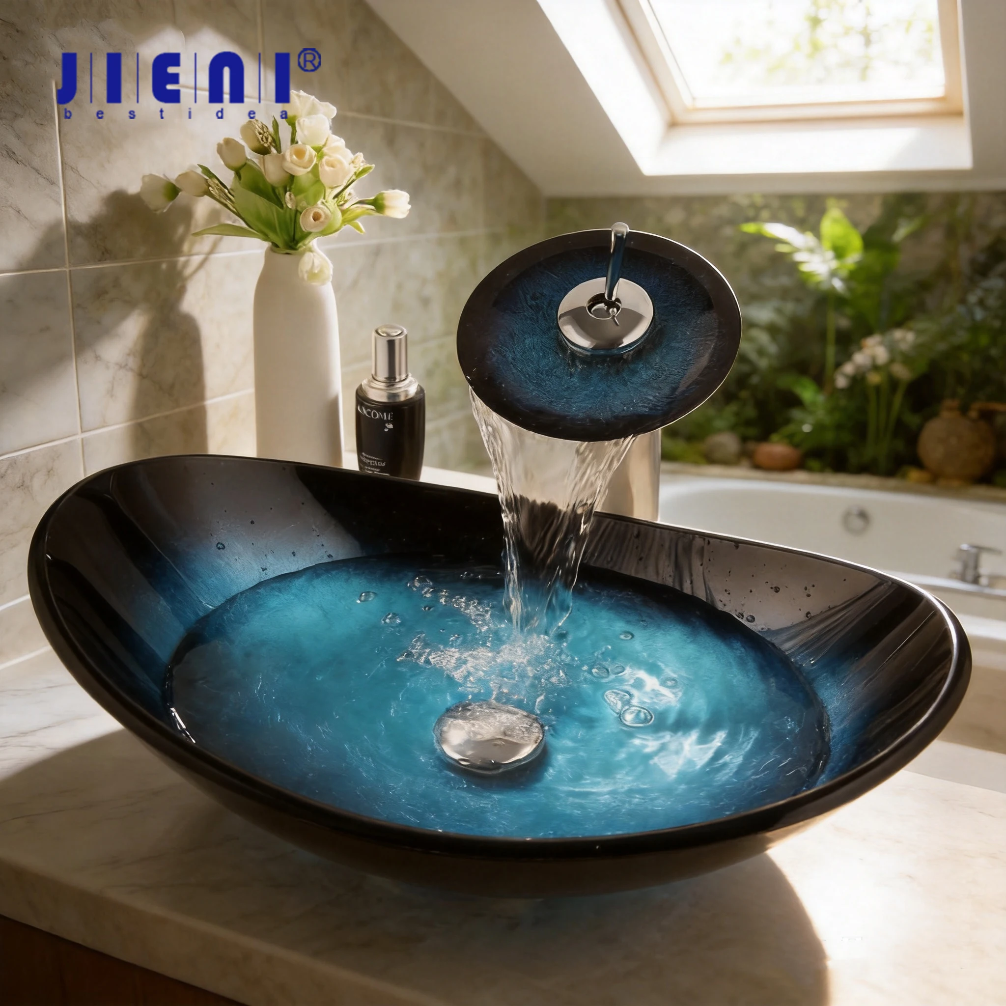 

JIENI Hand Painted Blue Tempered Glass Sink Washbasin With Waterfall Faucet Chrome Pop UP Drain Boat Shape Counter Top Washbasin