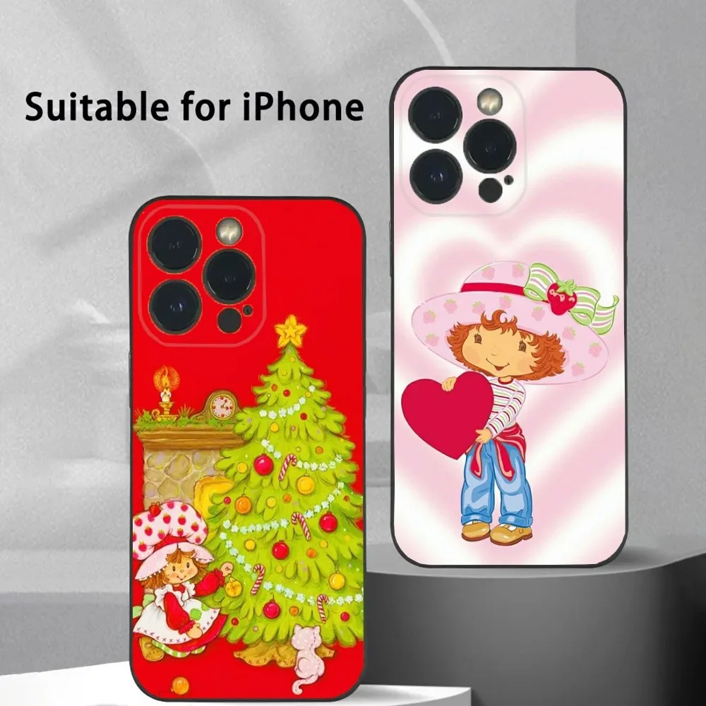 

Vintage Strawberry Shortcake Girl Phone Case For iPhone 16 15 14 13 12 11 Plus,Pro Max,XS,X,XR,SE,Mini,8,7 Soft Silicone Black