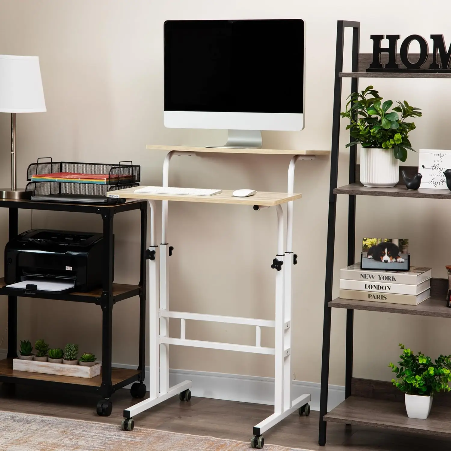 Adjustable Height Standing Desk with Wheels, Portable Laptop Workstation, Two-Tier Metal Frame in White