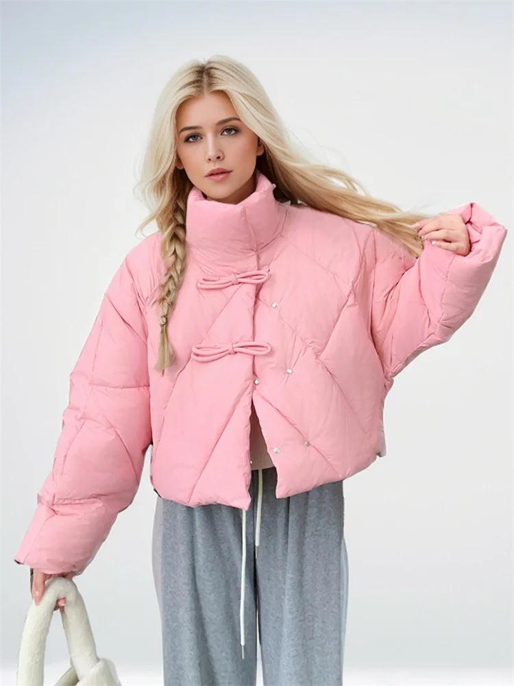 Cropped Women's Puffer Jacket New For Winter Fashionable Literary Knots Solid Color Is Loose Thickened Warm Padded Jacket