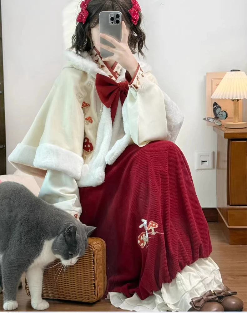 

Chinese Original Han Element Cloak Embroidered Bud Skirt Hanfu 3-piece Set Autumn and Winter Daily New Years Party Lolita Set