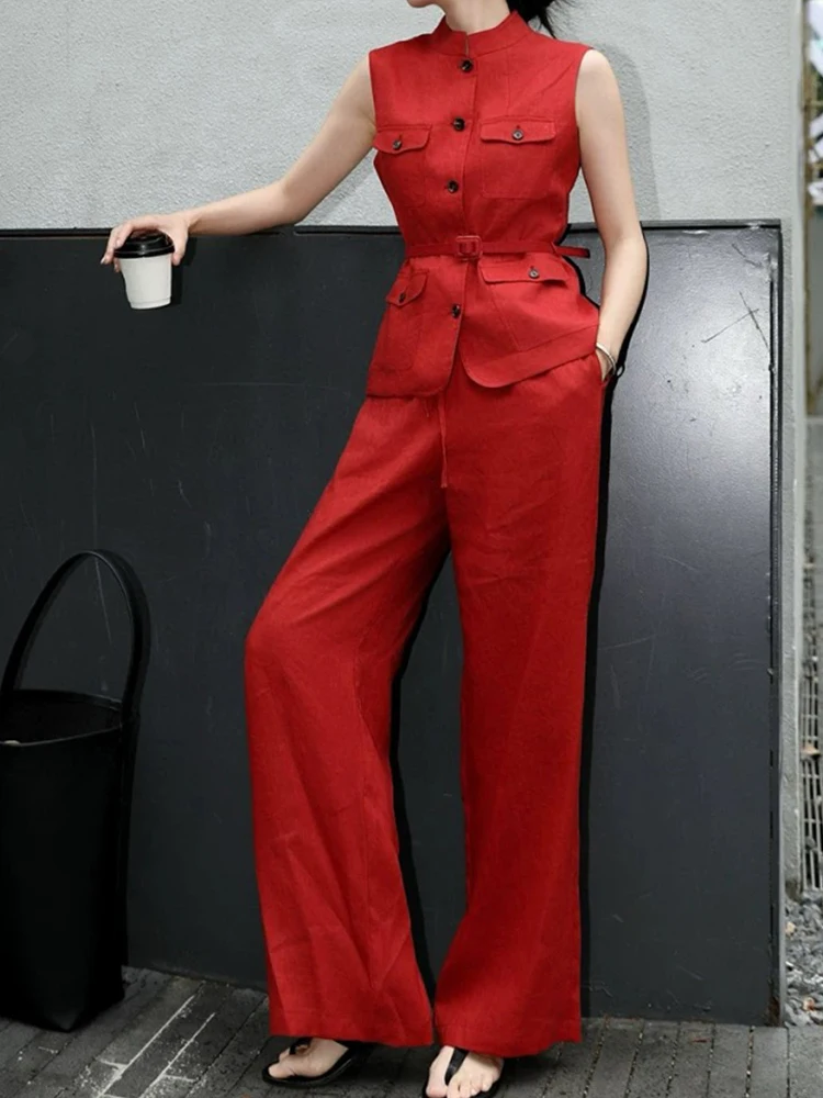 

Весна 2024, новый женский костюм с карманами и жилетом без рукавов + эластичные широкие брюки с высокой талией, модные брюки из двух предметов