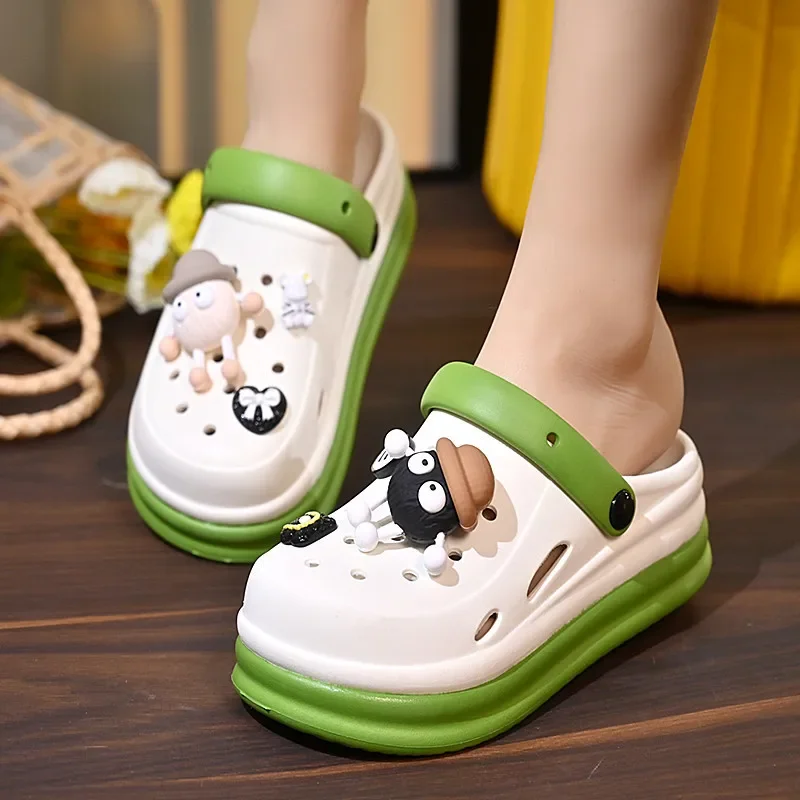 

2024 Summer Thick Bottom Cute Coal Ball Cave Shoes Korean Fashion Color Blocking Baotou Sandals Slippers Ladies Summer