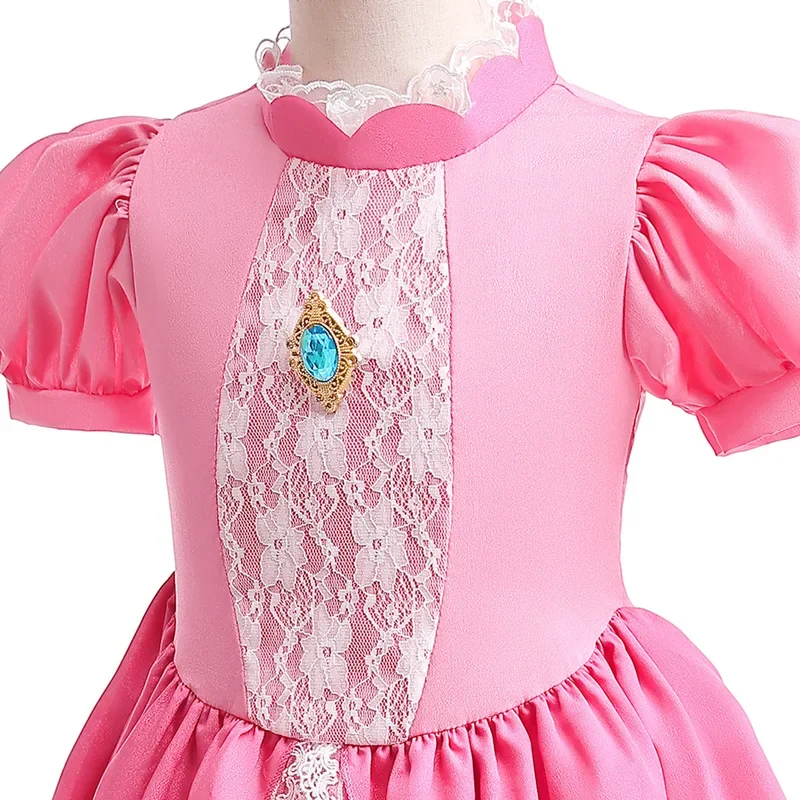 Vestido de princesa Peach para niña, traje de fiesta de cumpleaños, manga abullonada rosa, encaje largo, disfraz de Halloween, 2024