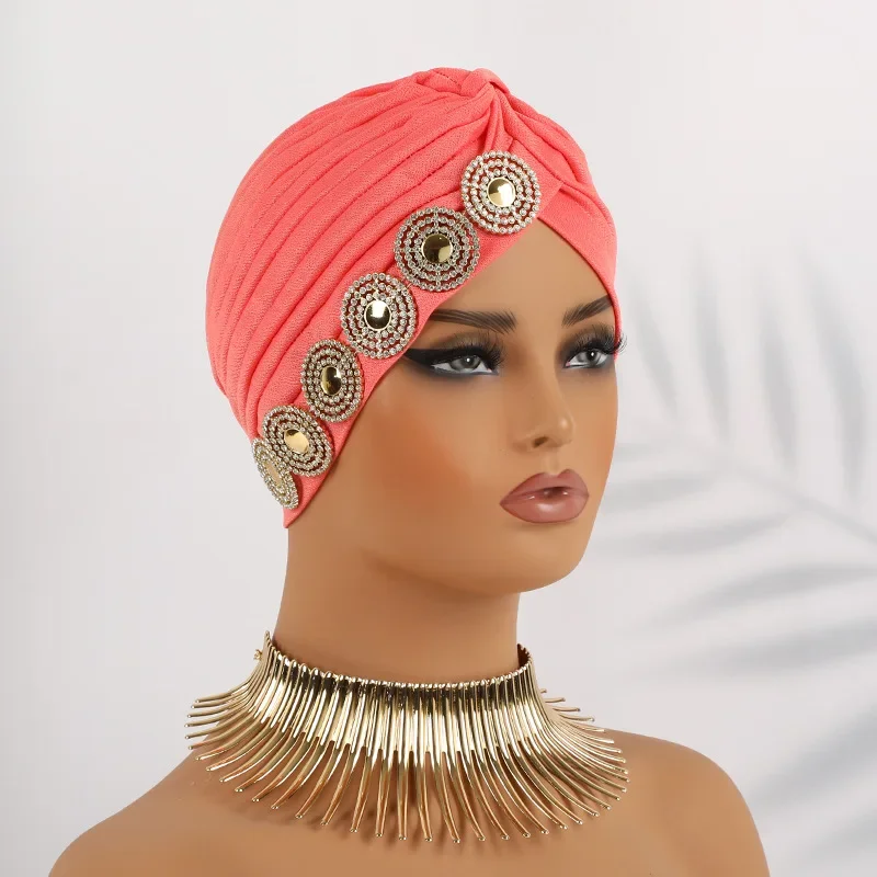 Gorro de quimio para Mujer india, Hijab musulmán con diamantes, Turbante plisado, pañuelo para la cabeza, gorros para la pérdida de cabello, gorro