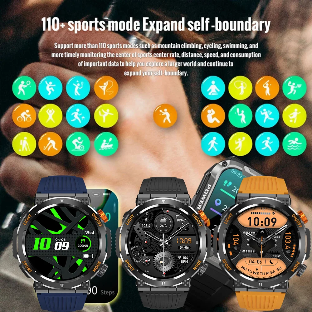 2023 New Military Outdoor Sports Bluetooth Call Emergency Lighting Capacity 450 Battery Heart Rate Monitor Compass Smartwatch