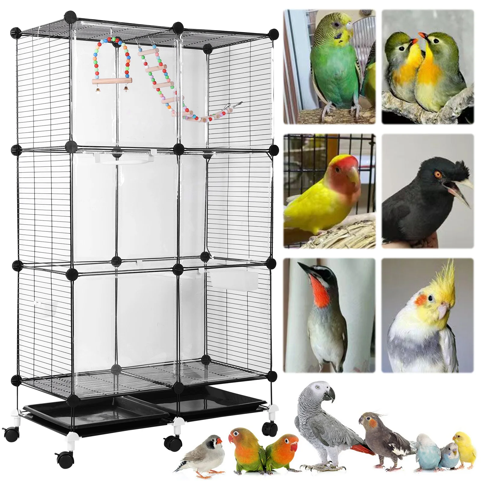 

Bird Cage Universal Wheel Metal Parrot Cage with Stand Tray Swing Ladder (Black)