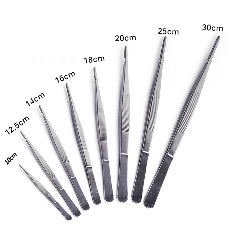 Toothed Tweezers Barbecue Stainless Steel Long Food Tongs Straight Home Medical Tweezer Garden Kitchen BBQ Tool 8 Sizes