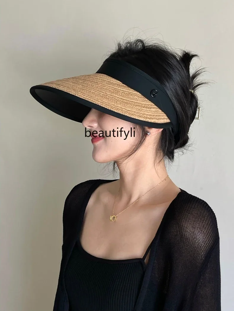 

Sun Shade Big Brim Straw Woven Topless Hat Women's Summer UV Protection Riding Travel Beach Sun Protection Sun Hat