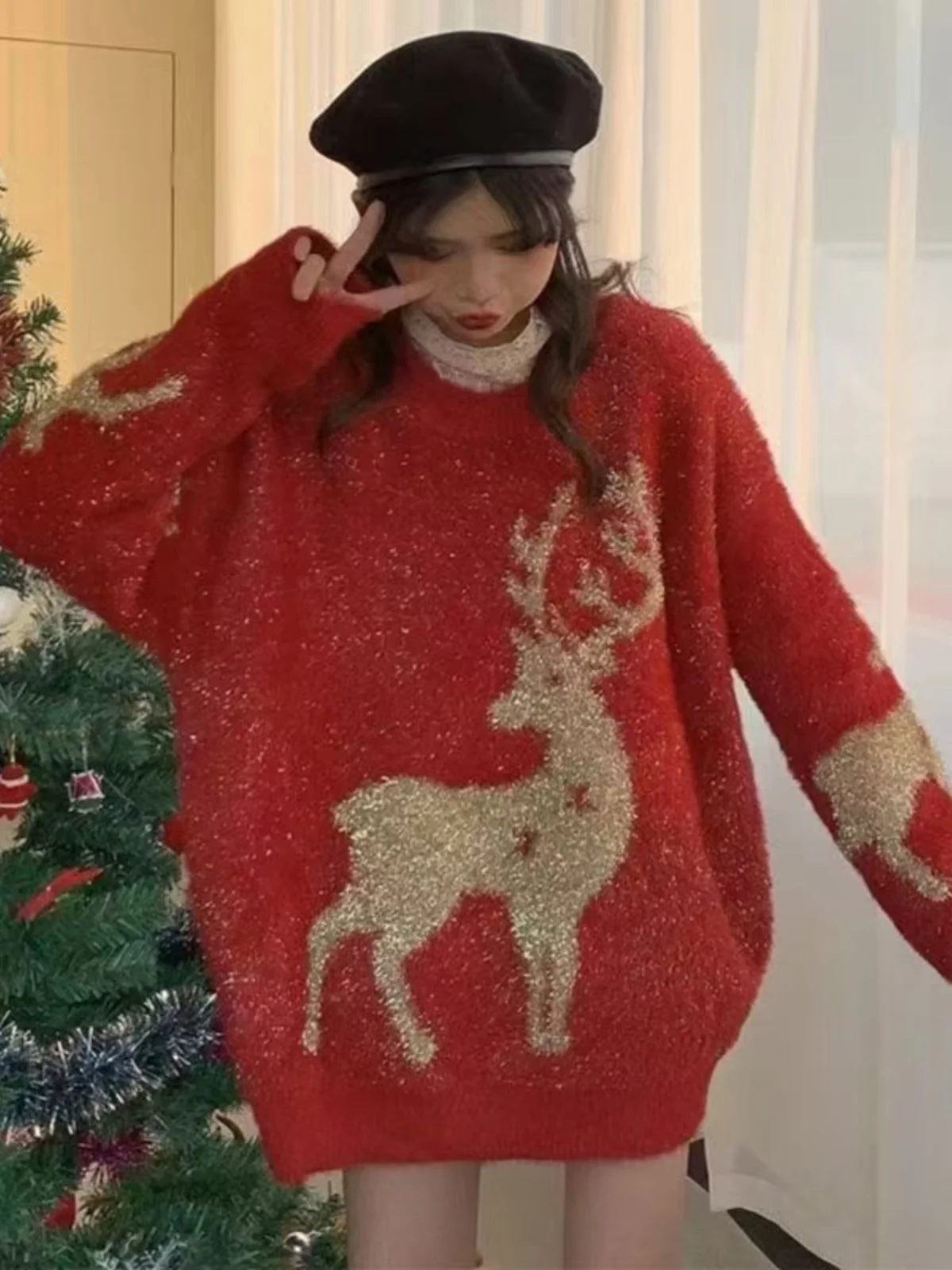 Thiened الأحمر Cisas الغزلان السنة الجديدة سترة فضفاضة معطف المرأة Ne الدفء الخريف الشتاء كسول Sle طويل Sve طاقم Ne #2