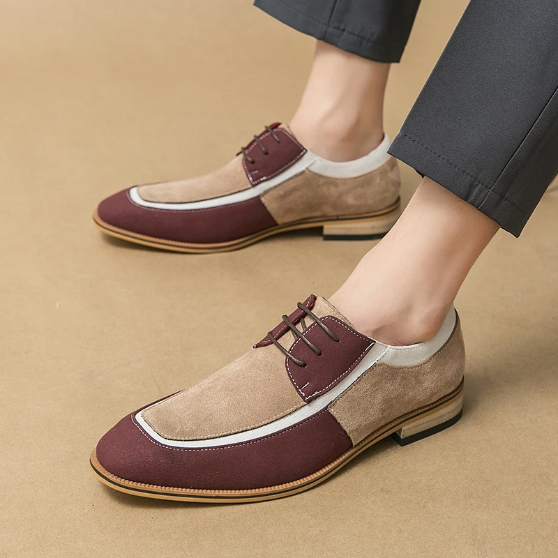 New Flock Derby Shoes for Men Square Toe Lace-up Mixed Colors Fashion Wooden Heel Sole Men Dress Shoes Size 38-48
