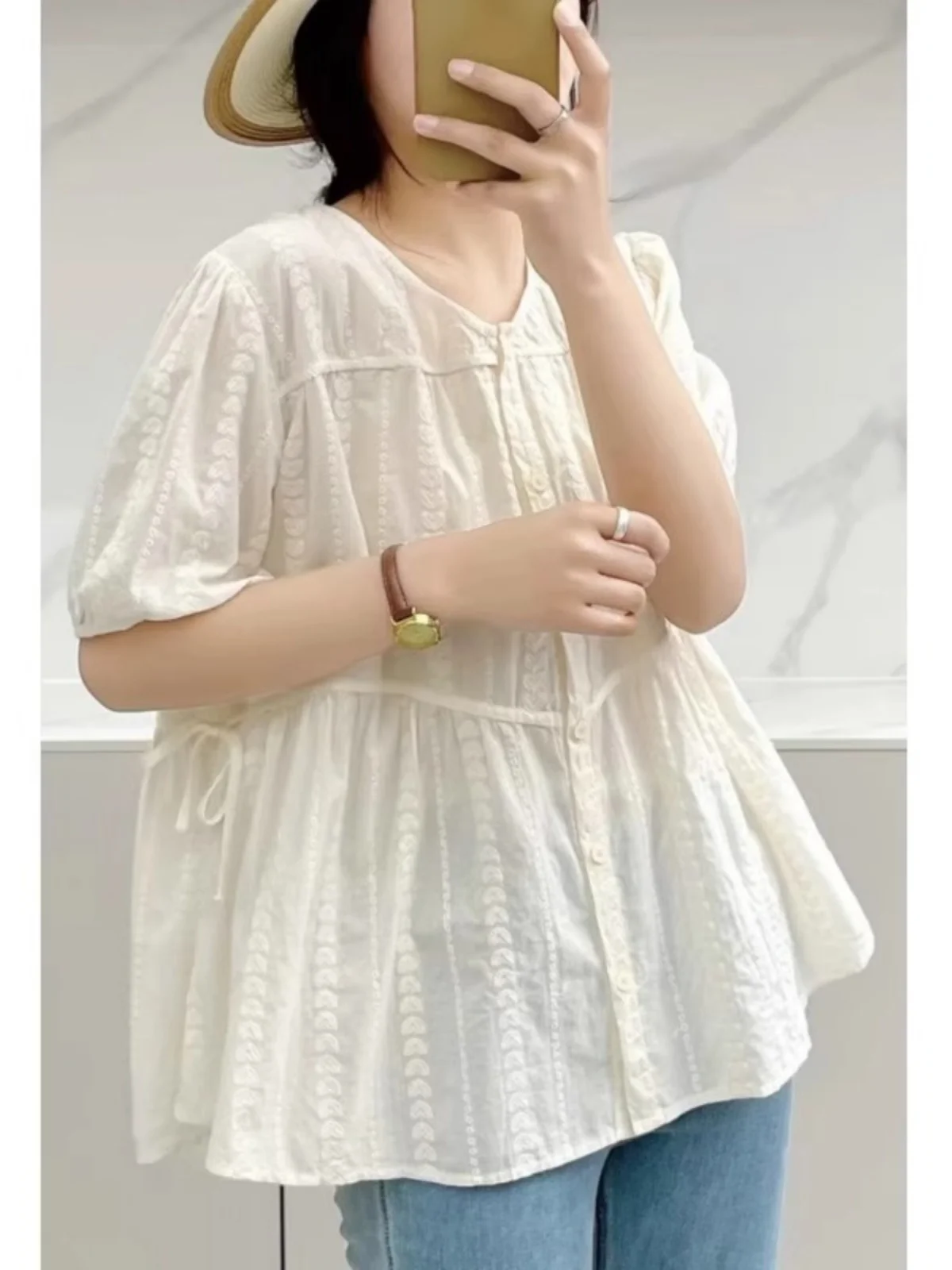 

plus Size 300 Pounds Sweet Short Sleeve Women's Shirt Summer Loose Belly Cover Fashionable Youthful Korean Style Button up