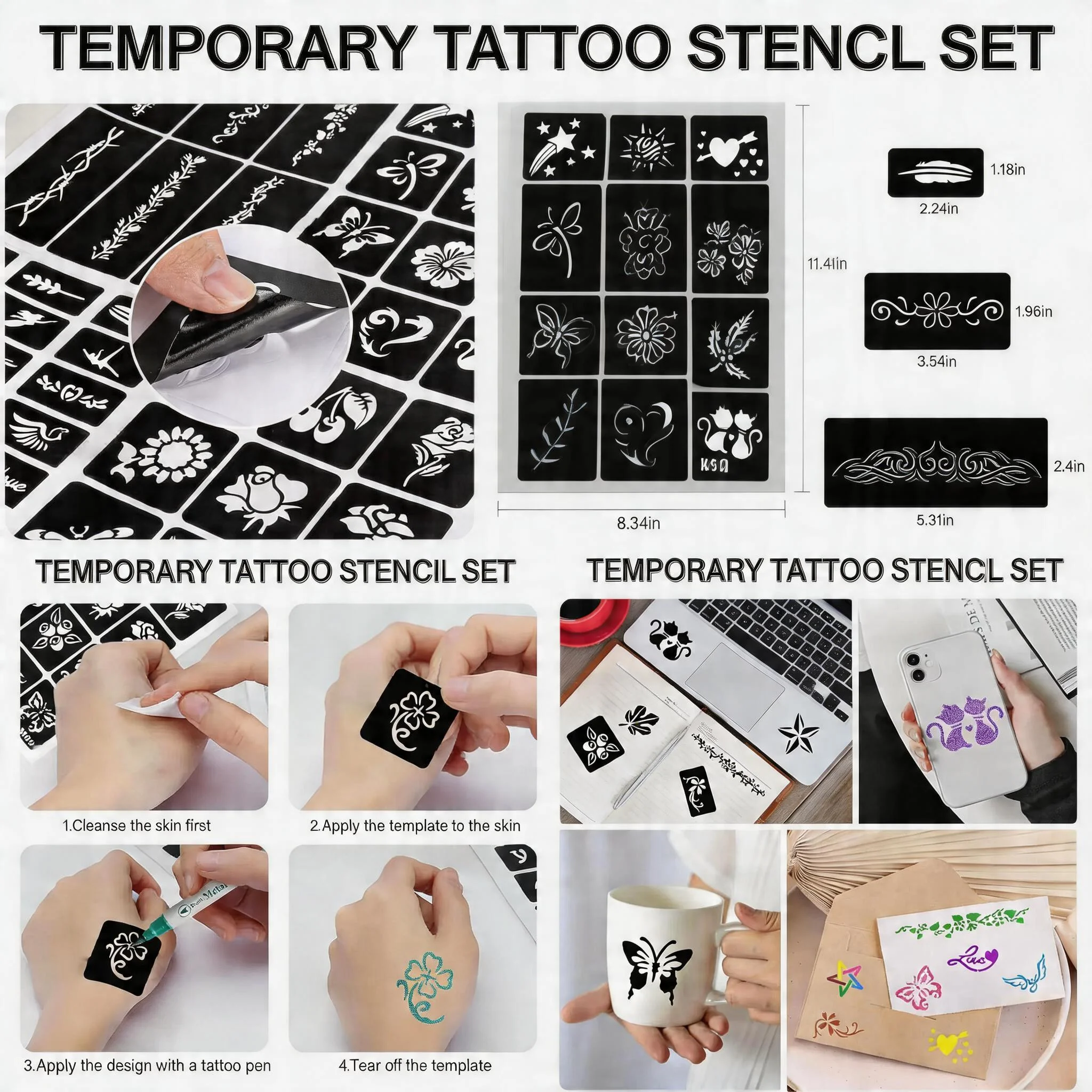 

Narkasy Stencils Kit 3/5/10/20Sheet 400+ Reusable Tattoo Stencils for Kids Teens Adults, Airbrush & Temporary Tattoo Stencils