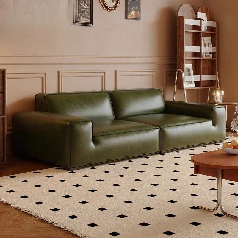 Mid-style leather sofa, minimalist living room, American big black cow sofa,   oil wax leather, light luxury inline sofa