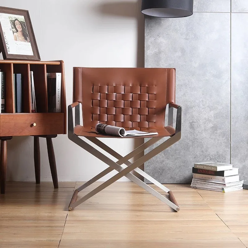 

Italian minimalist woven saddle leather stainless steel creative metal leisure folding chair, reception negotiation chair