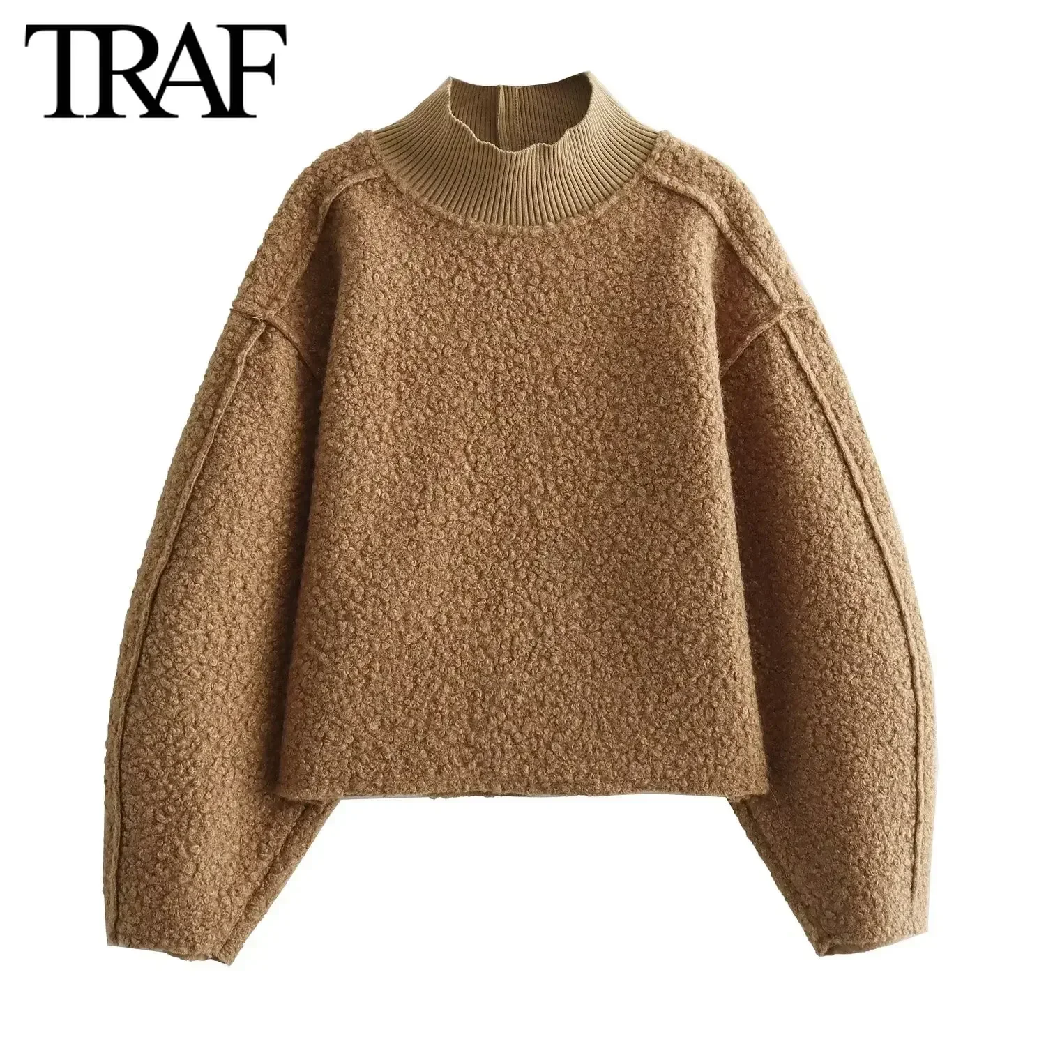 TRAF Women Fashion Autumn Winter 2024 New Loose Solid Color Long Sleeved Stand Collar Pullover Top Chic Female Sweatshirt