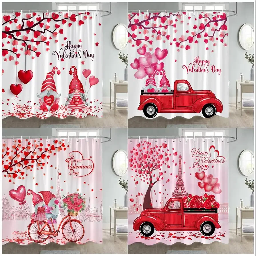 Valentine's Day Shower Curtains Red Truck Heart Shaped Leaves Romantic Lovers Paris Tower Rose Flowers Bathroom Curtain Decor