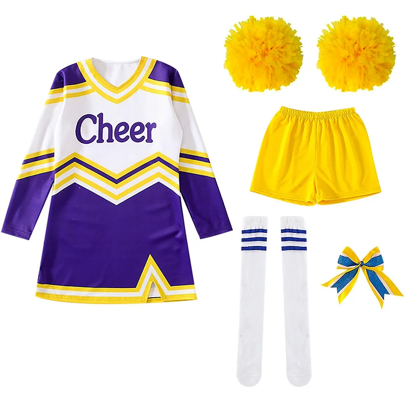 

Girls Women Cosplay Costume Cheerleader Outfits V Neckline Letter Print Patchwork Style Dance Dress with Cheerlead pompoms Socks