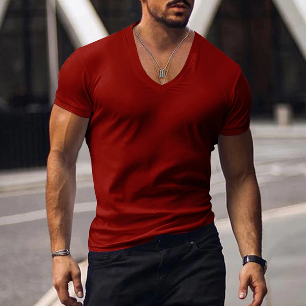 Hot Summer Popular Mens T Shirt Short Sleeve Muscle Tops V Neck Blouse Tees Fitness Bodybuilding Tshirt Elastic Black White Wine