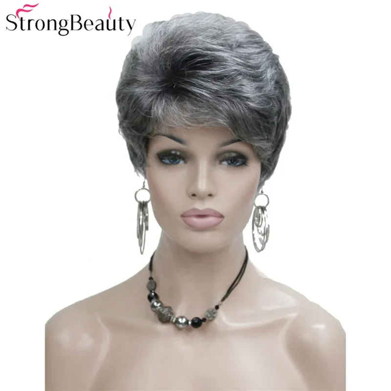 StrongBeauty Synthetic Short Straight Hair Puffy Natural Blonde/Silver Grey Wigs With Bangs Women Many Colors