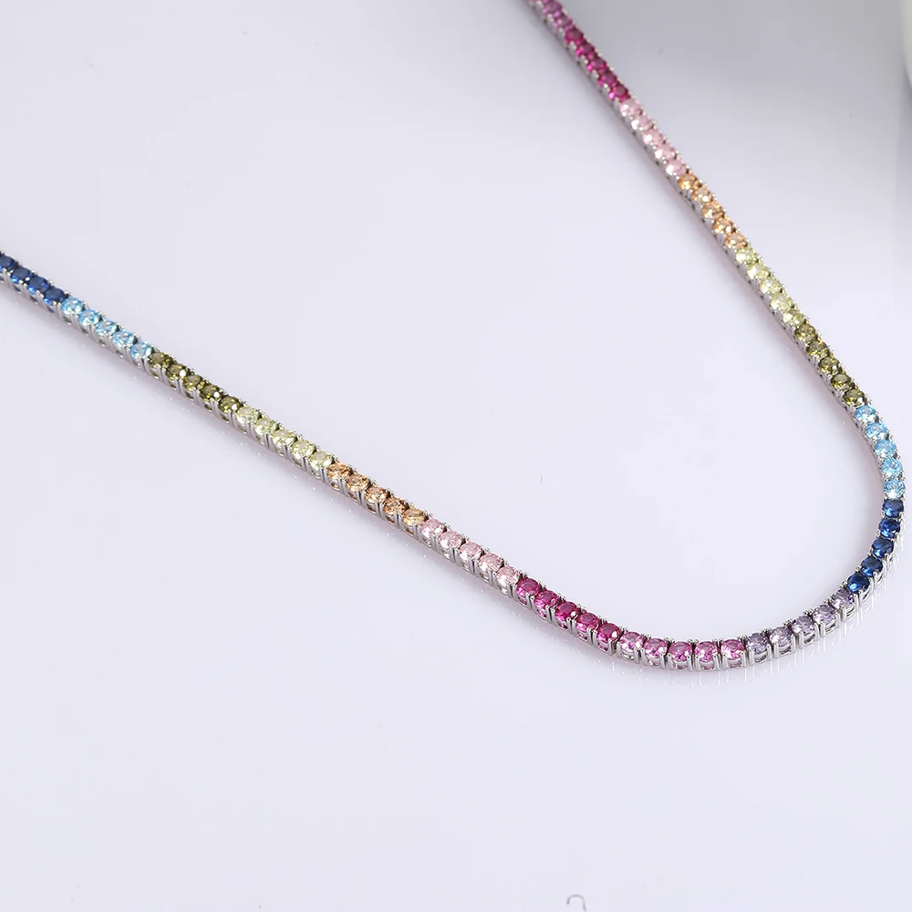 16-24นิ้ว100% รับประกันแท้925เงินสร้อยคอสร้อยคอเทนนิสการตั้งค่า Pave 3Mm Sparkly Rainbow Zircon เครื่องประดับ Fine