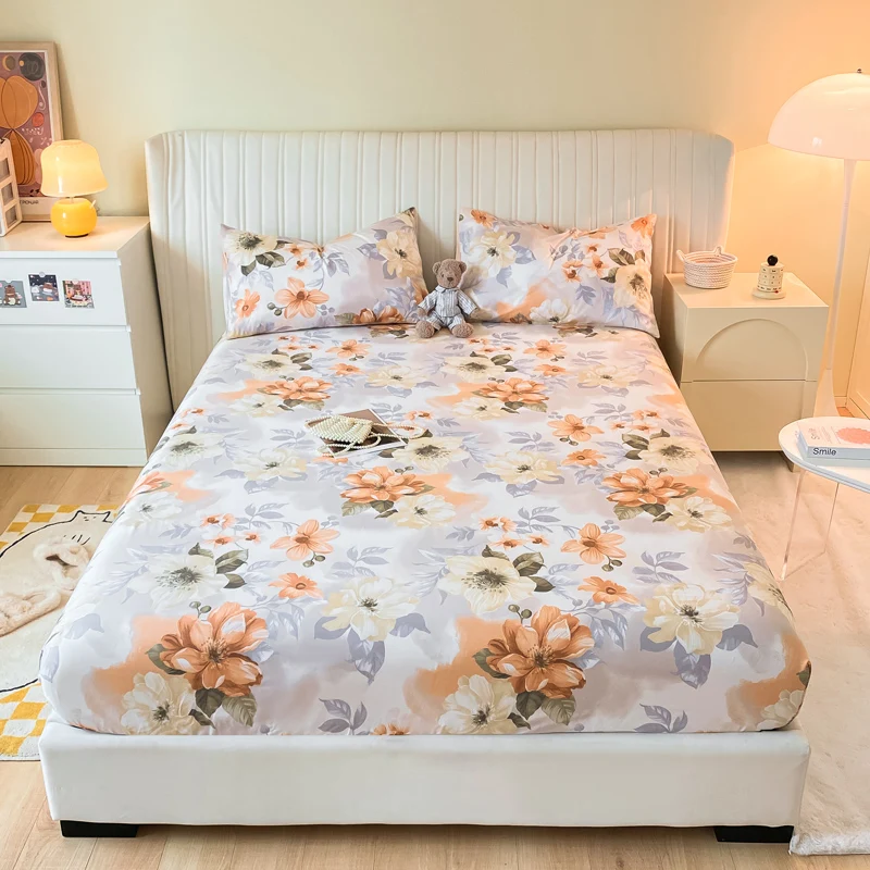 Cotton Fitted Bed Sheet With Elastic Band Printing Anti-Slip Adjustable Mattress Cover For Single Double King Queen Bed