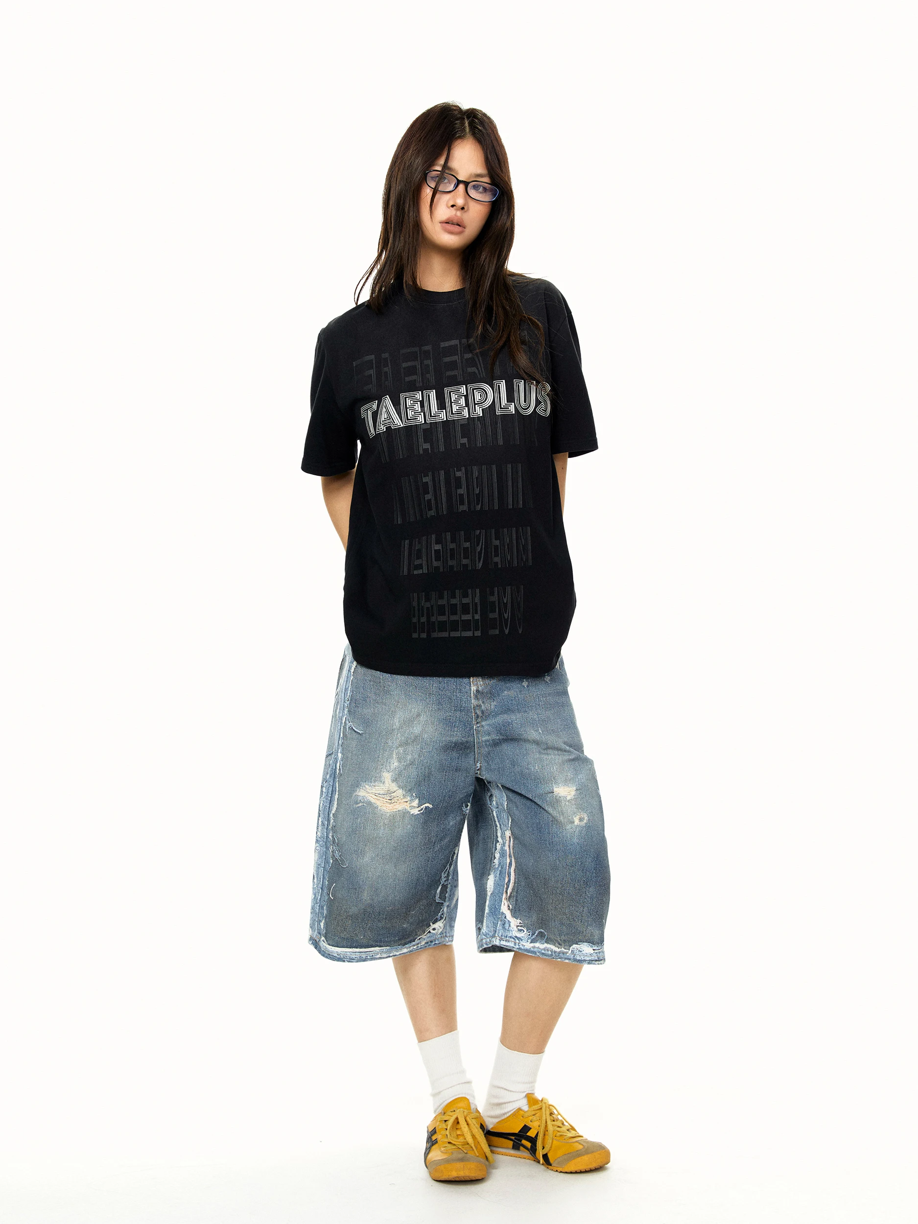 Retro American Blackbb Destroyed Ripped Denim Jeans Loose Fit Printed Men's Washed out Five-Point Pants Cotton Summer Jeans