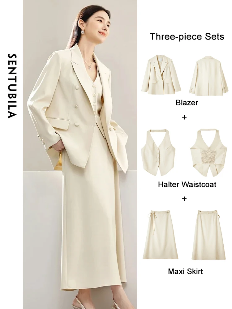 SENTUBILA 3 Piece Blazer Skirt Suit Women Work Office Outfit 2024 Autumn Elegant Waistcoat Maxi Skirt Matching Set 141Z52979