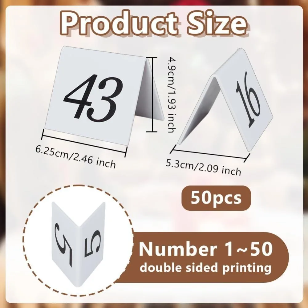 50 Pack Acrylic Table Numbers Tent Style Number Cards Double Side Numbered Table Tents 1-50 White Number Signs 2.5x2.1x1.9 Inch