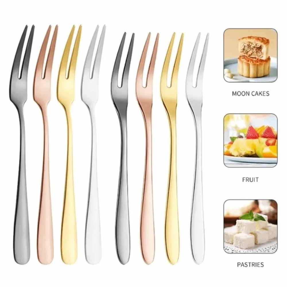 Stainless Steel Fruit Fork Long Handle Two-tine Small Toothpick Tableware Food Picks Small Fork Kitchen Accessories