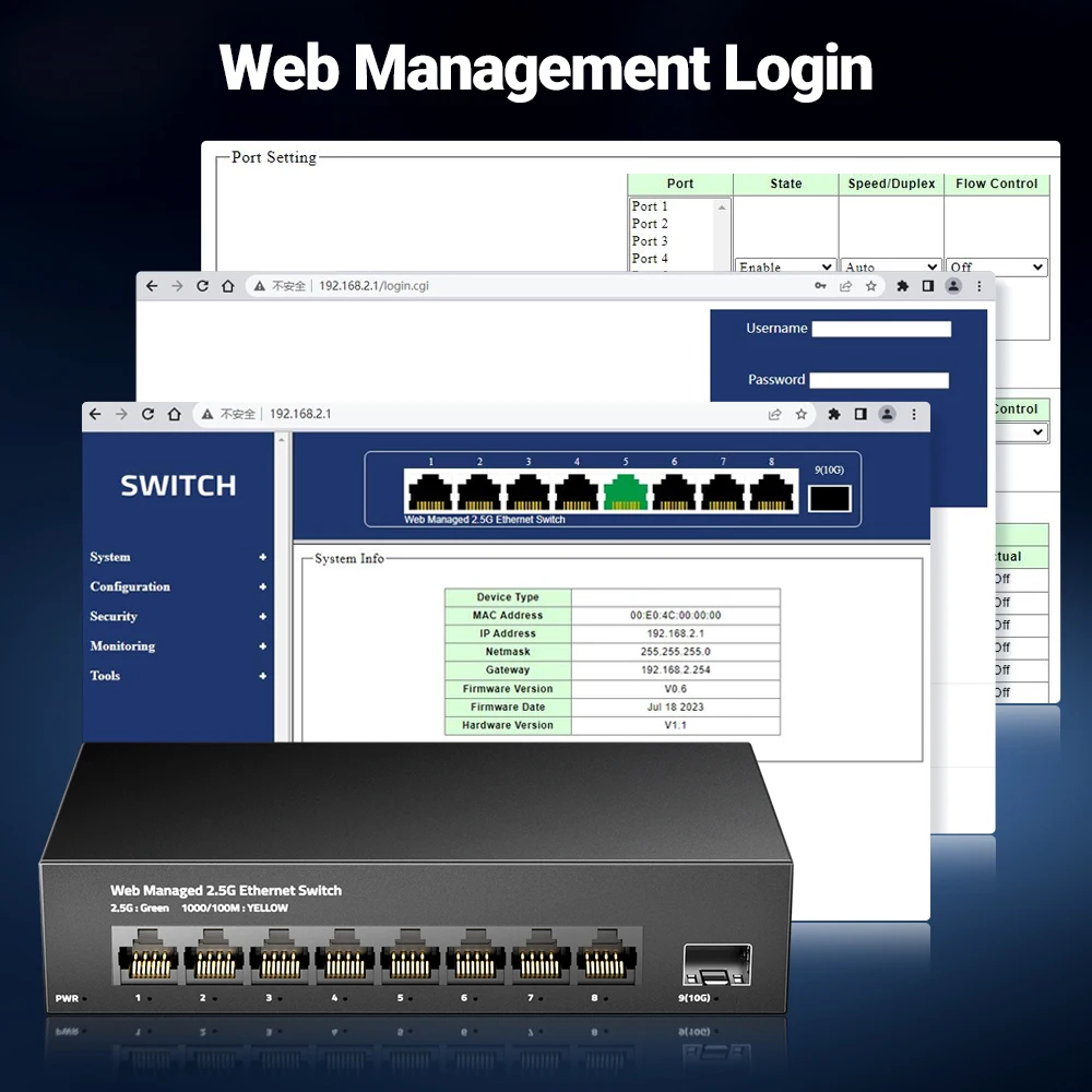 AMPCOM 2.5GbE مفتاح مُدار 8 منافذ 2.5GBASE-T محول الشبكة 10G SFP + فتحة إدارة الويب QOS VLAN LACP بدون مروحة